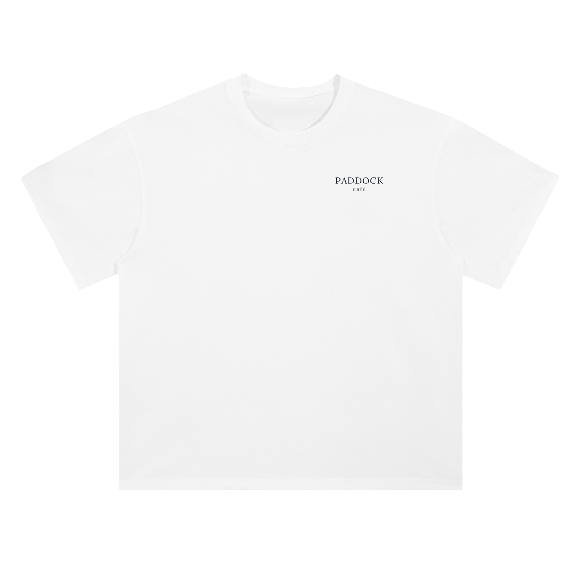 Paddock Café Racing Graphic T-Shirt in Lucent White, a relaxed-fit motorsport streetwear tee, front view: small Paddock wordmark on the chest