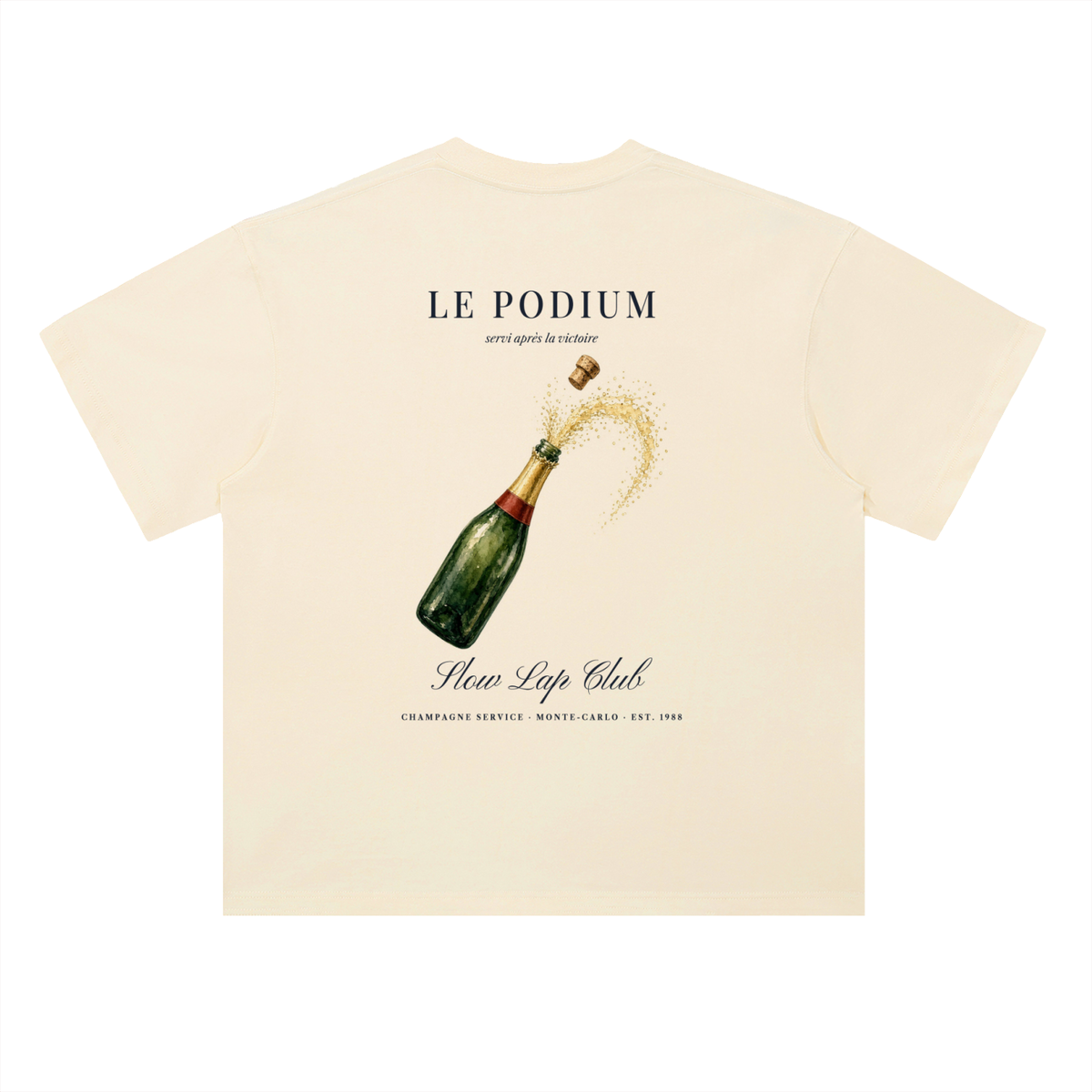 Le Podium Champagne Racing T-Shirt in Milk Apricot, a champagne racing tee for F1 and car fans, back view: champagne bottle popping under Le Podium lettering