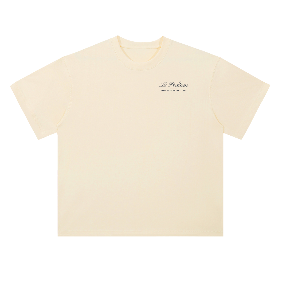 Le Podium Champagne Racing T-Shirt in Milk Apricot, a champagne racing tee for F1 and car fans, front view: small Le Podium script on the chest