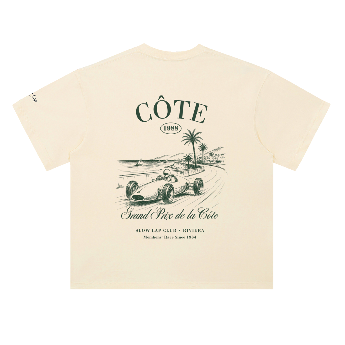 Grand Prix de la Côte Vintage Racing T-Shirt in Milk Apricot, a vintage F1-style racing t-shirt, back view: sketched vintage racer under Côte lettering