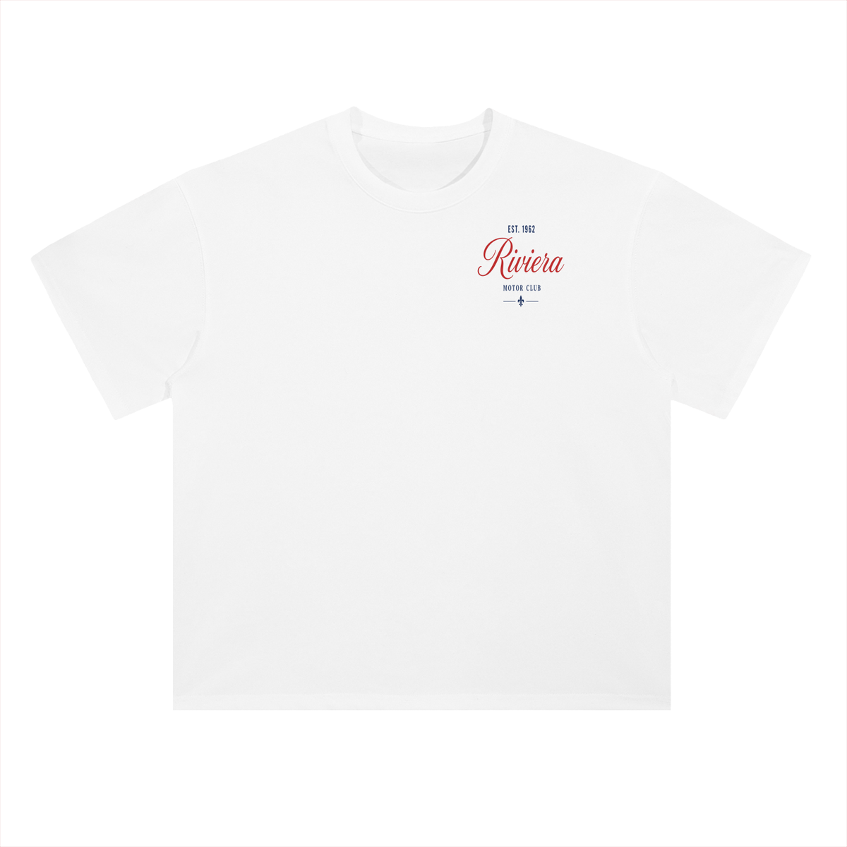 Riviera Motor Club Vintage Car Racing T-Shirt in Lucent White, a car guy t-shirt with a vintage GT, front view: red Riviera script on the chest