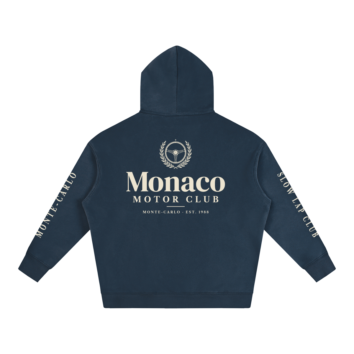 Monaco Motor Club Vintage Racing Hoodie in Navy Blue, a Monaco motorsport hoodie, back view: Monaco Motor Club crest and sleeve lettering