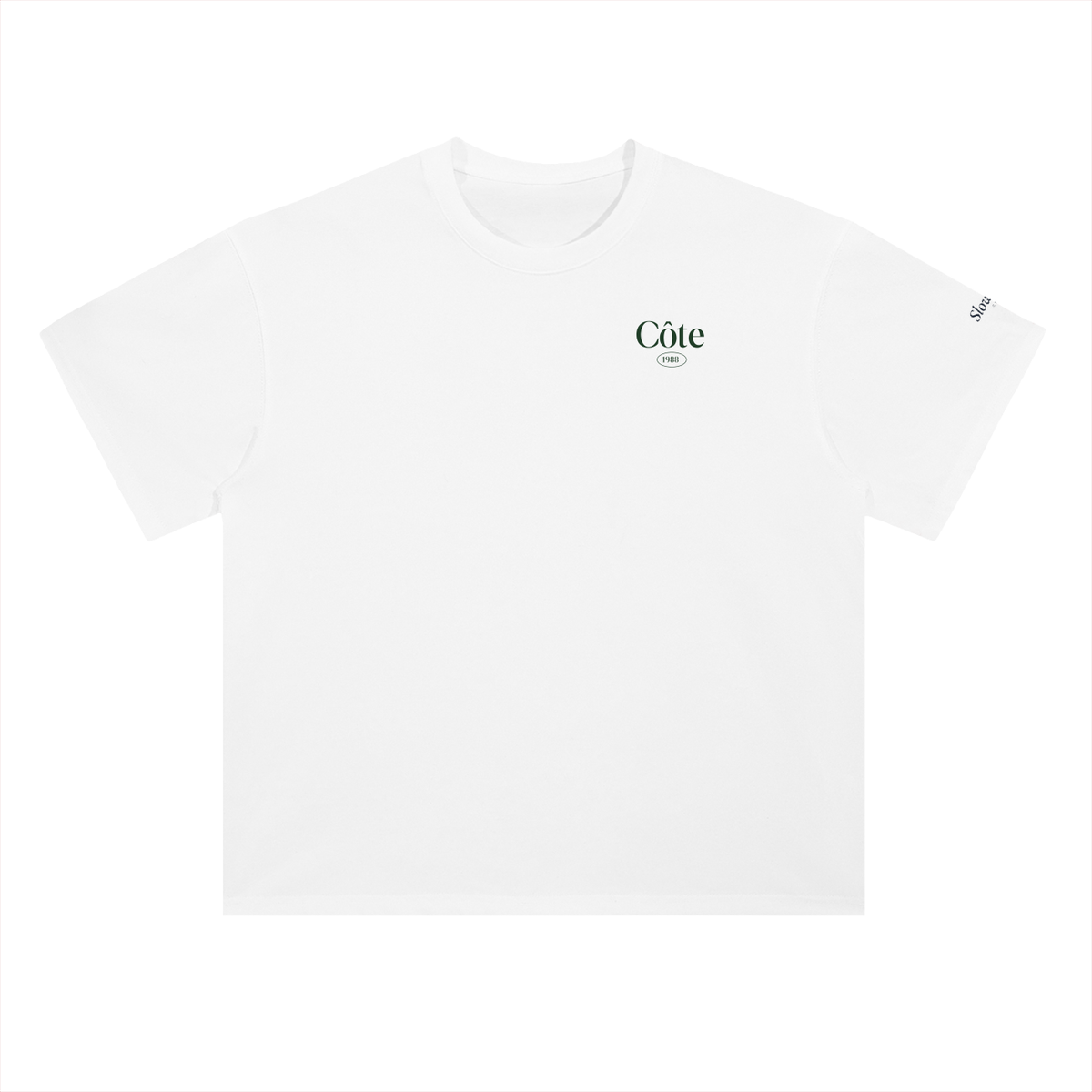 Grand Prix de la Côte Vintage Racing T-Shirt in Lucent White, a vintage F1-style racing t-shirt, front view: small Côte wordmark on the chest