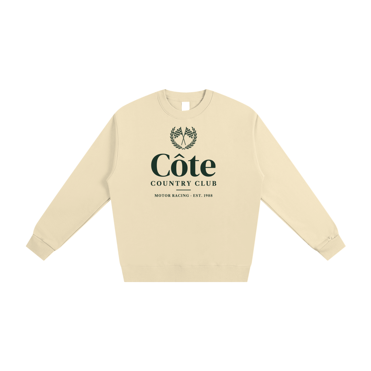 Côte Country Club Racing Sweatshirt in Apricot, a heavyweight motorsport crewneck, front view: green laurel crest and Côte Country Club lettering