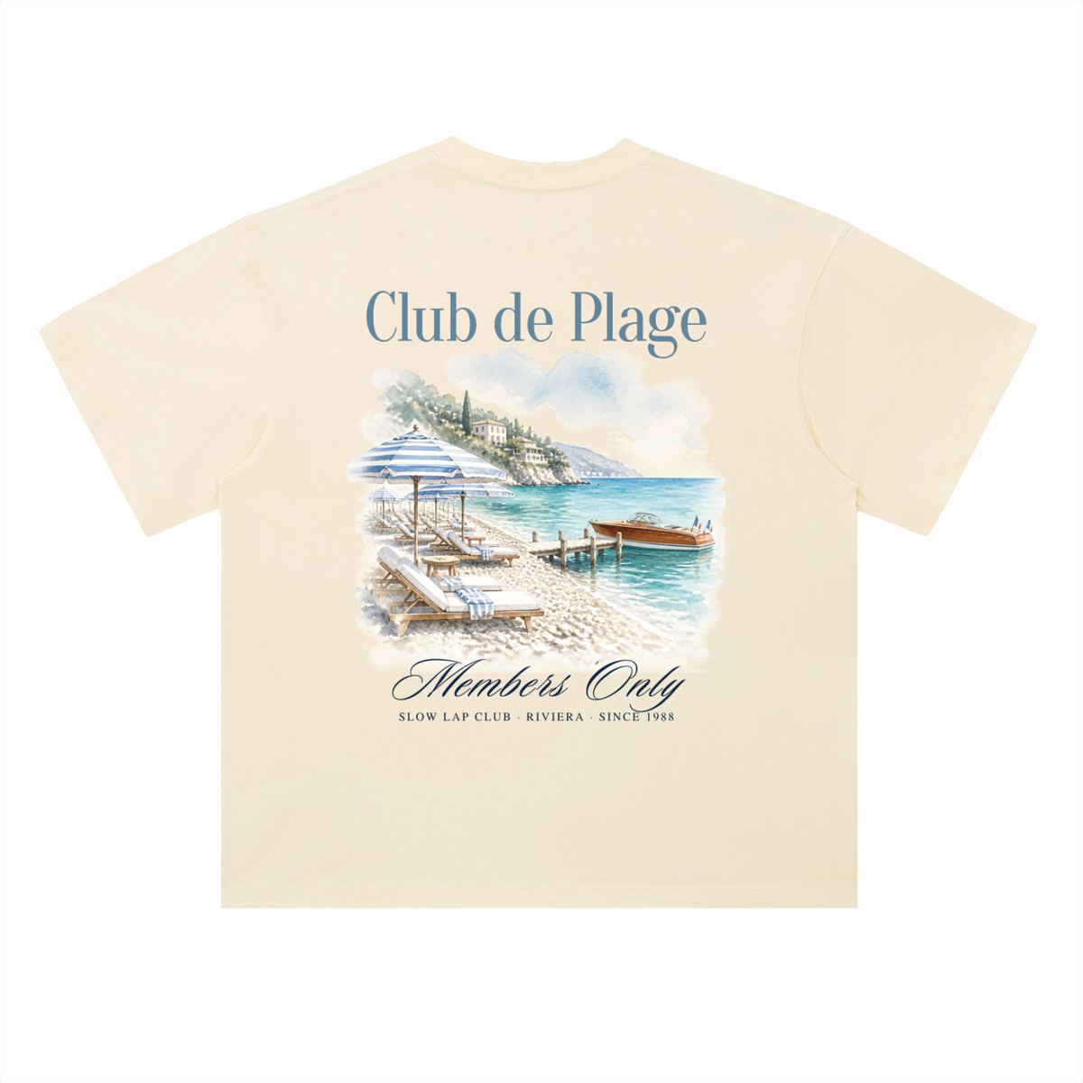 Club de Plage Beach Club T-Shirt in Milk Apricot, a French Riviera beach club tee for racing and car fans, back view: watercolor beach club with Members Only script