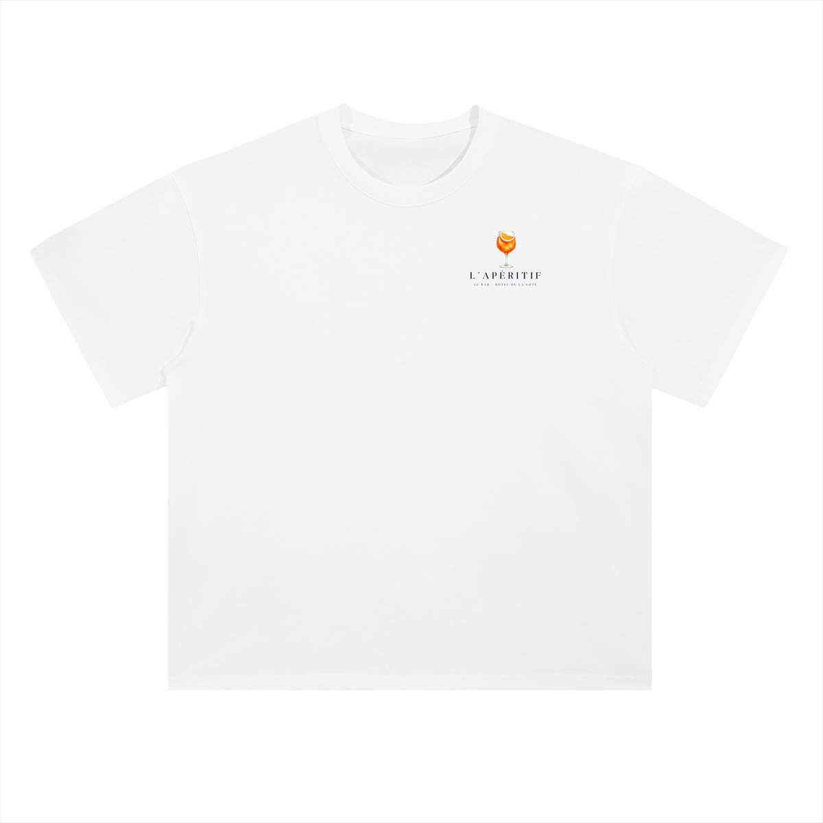 L’Apéritif French Riviera T-Shirt in Lucent White, a relaxed-fit tee for car and racing fans, front view: small spritz glass on the chest