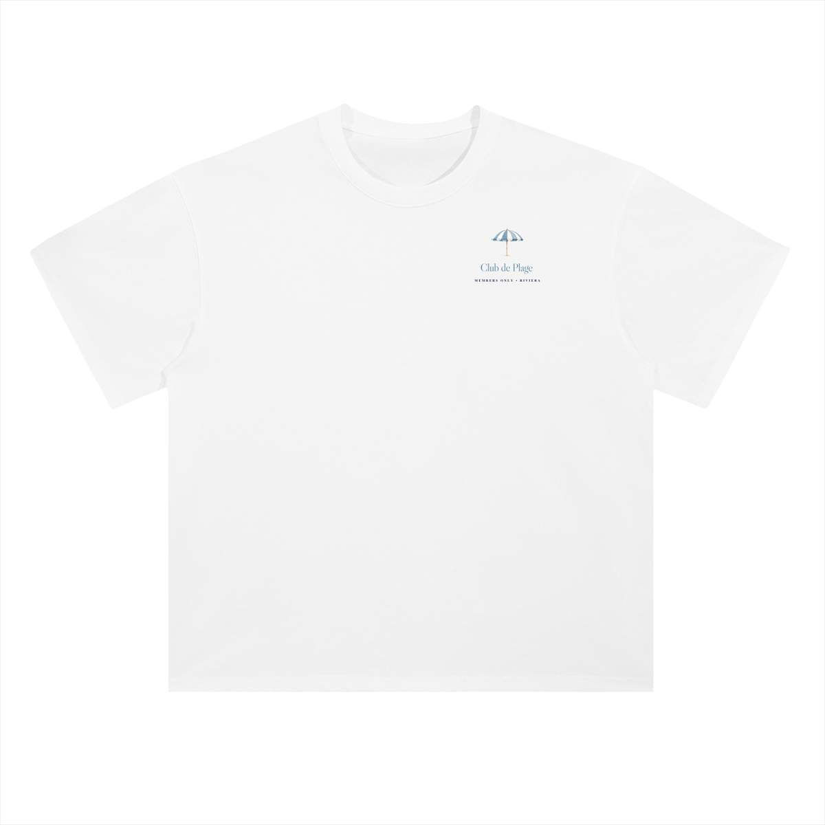 Club de Plage Beach Club T-Shirt in Lucent White, a French Riviera beach club tee for racing and car fans, front view: small Club de Plage text on the chest