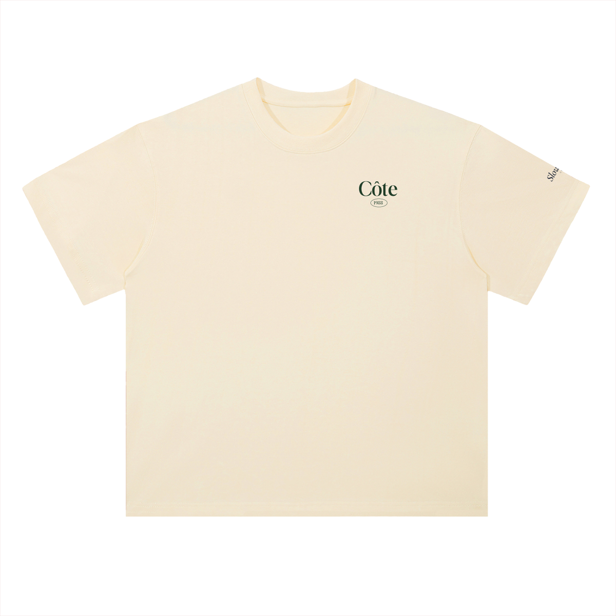 Grand Prix de la Côte Vintage Racing T-Shirt in Milk Apricot, a vintage F1-style racing t-shirt, front view: small Côte wordmark on the chest