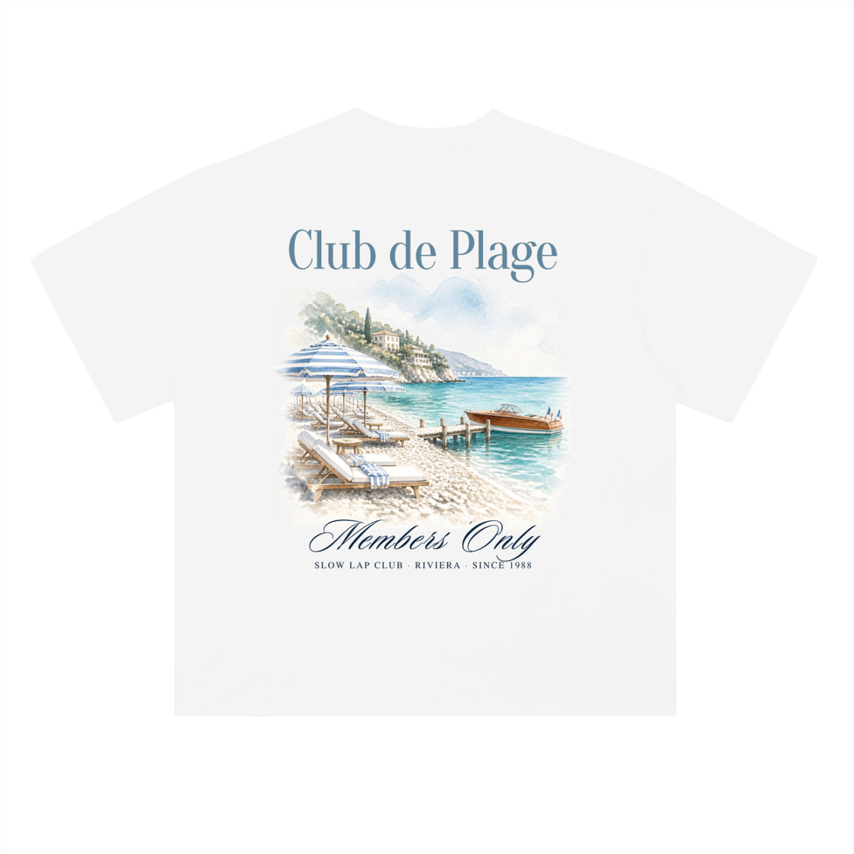 Club de Plage Beach Club T-Shirt in Lucent White, a French Riviera beach club tee for racing and car fans, back view: watercolor beach club with Members Only script