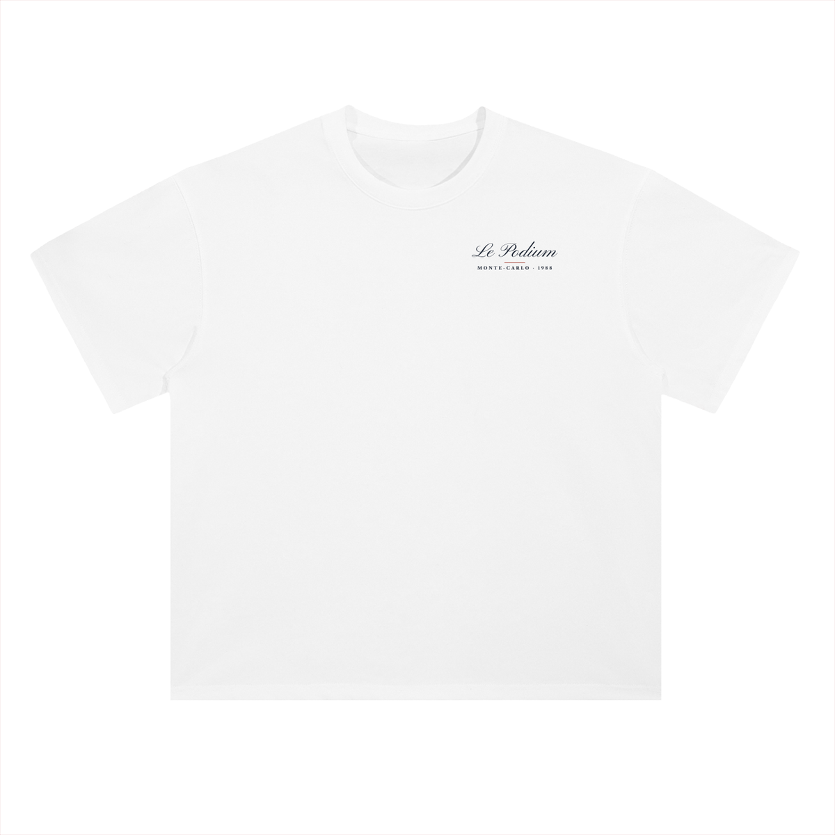 Le Podium Champagne Racing T-Shirt in Lucent White, a champagne racing tee for F1 and car fans, front view: small Le Podium script on the chest