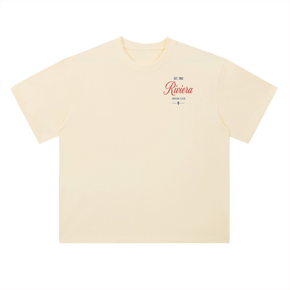 Riviera Motor Club Vintage Car Racing T-Shirt in Milk Apricot, a car guy t-shirt with a vintage GT, front view: red Riviera script on the chest