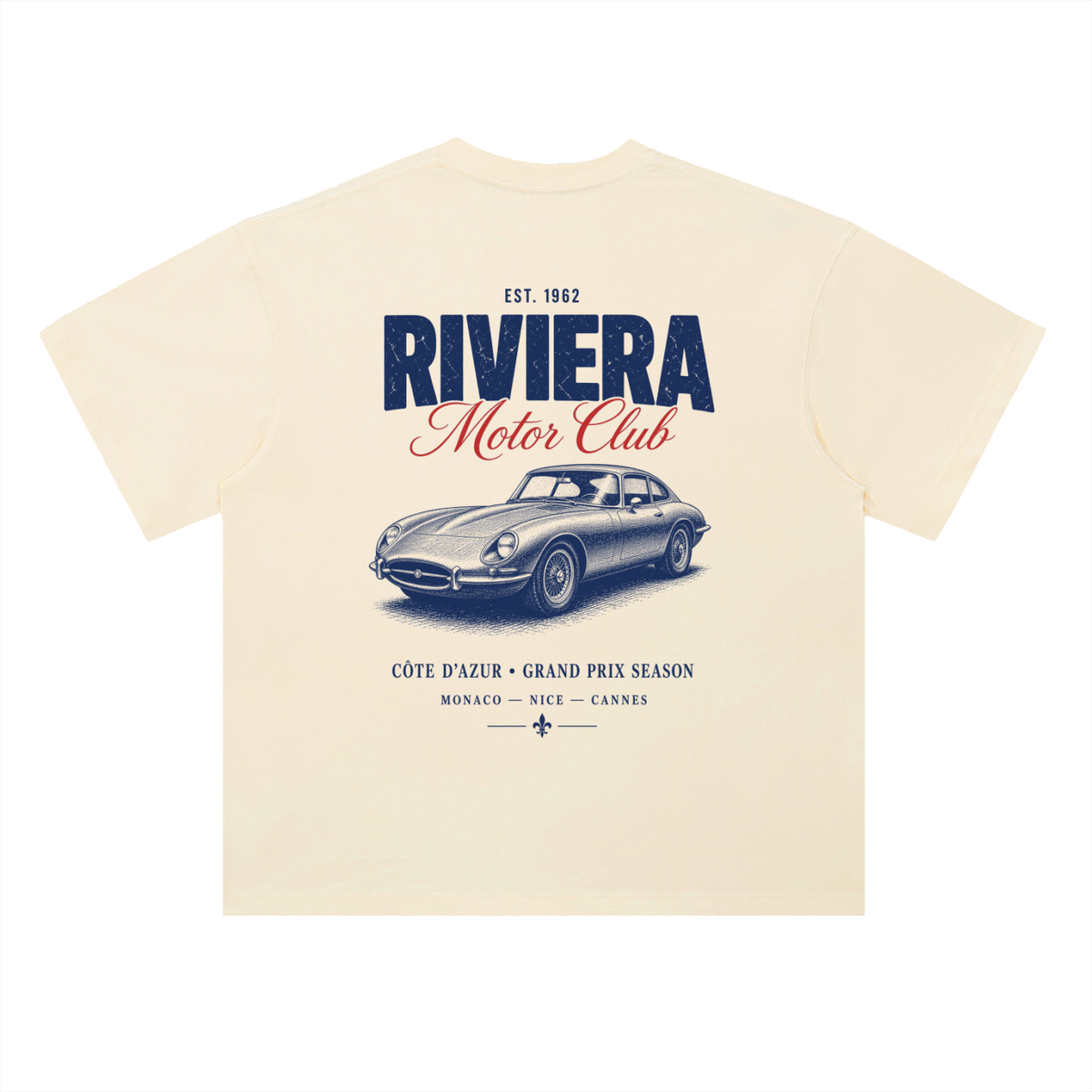 Riviera Motor Club Vintage Car Racing T-Shirt in Milk Apricot, a car guy t-shirt with a vintage GT, back view: silver GT under Riviera Motor Club lettering