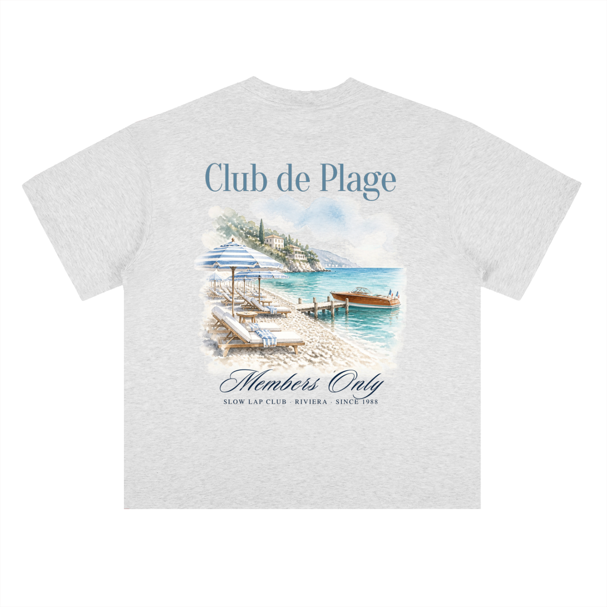 Club de Plage Beach Club T-Shirt in Light Gray, a French Riviera beach club tee for racing and car fans, back view: watercolor beach club with Members Only script