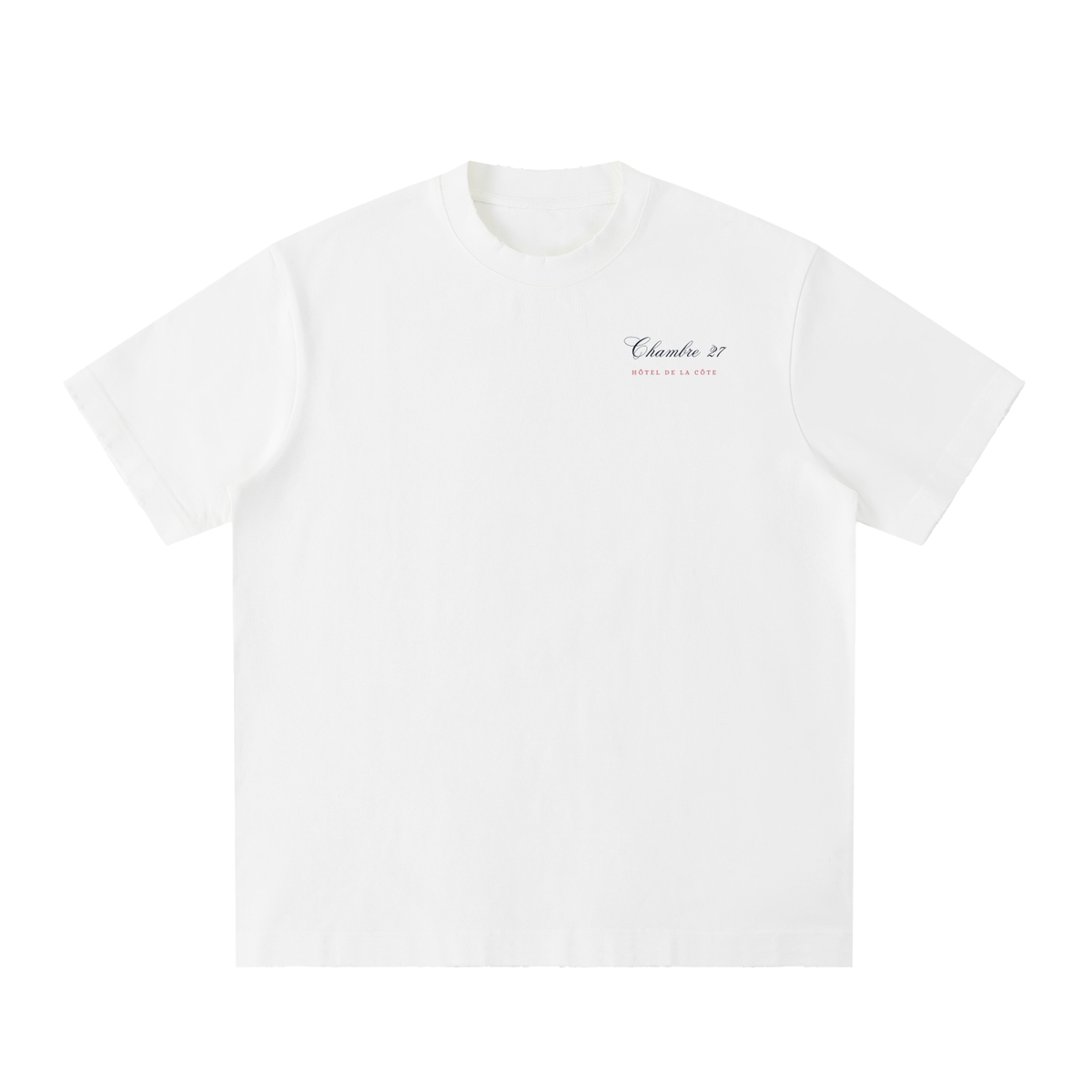 Hôtel de la Côte Washed Racing T-Shirt in White, a relaxed-fit vintage car tee, front view: small Chambre 27 script on the chest
