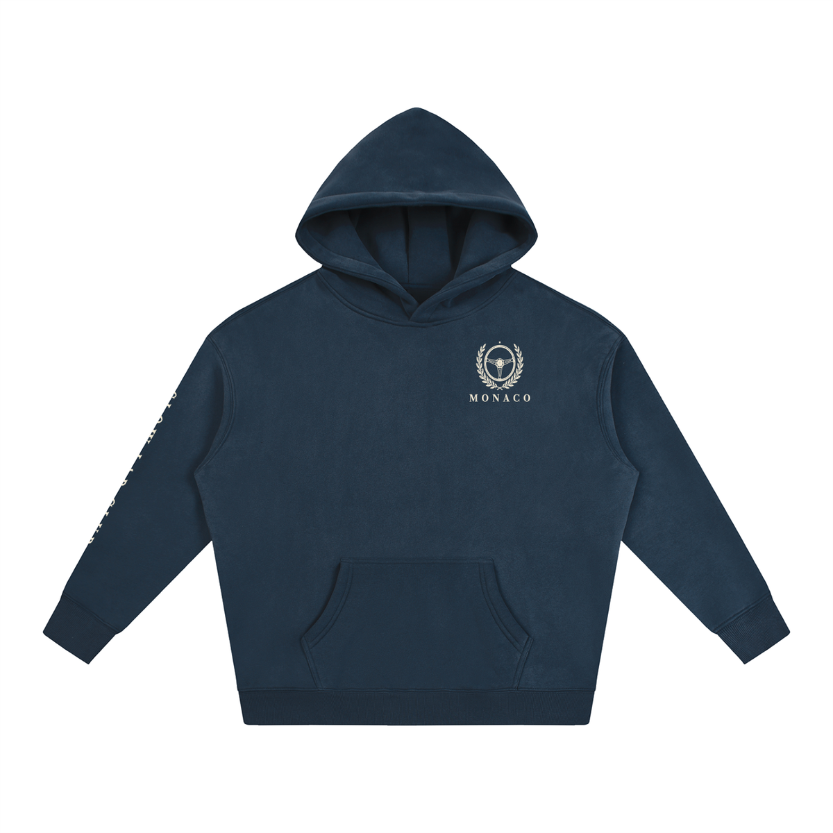 Monaco Motor Club Vintage Racing Hoodie in Navy Blue, a Monaco motorsport hoodie, front view: small crest on the chest