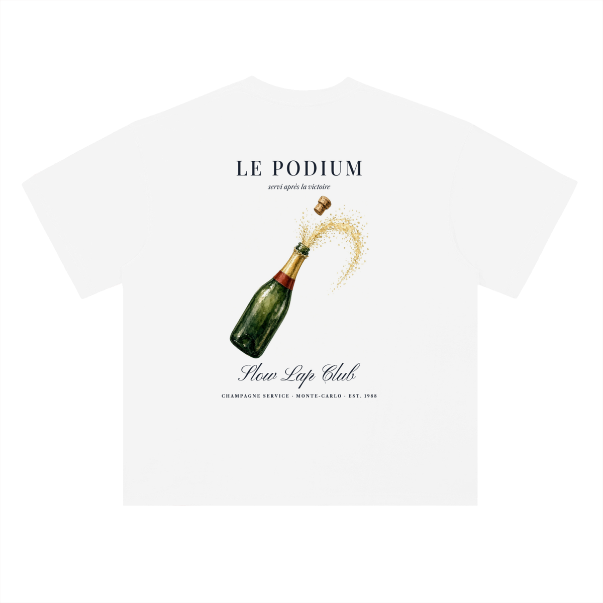 Le Podium Champagne Racing T-Shirt in Lucent White, a champagne racing tee for F1 and car fans, back view: champagne bottle popping under Le Podium lettering