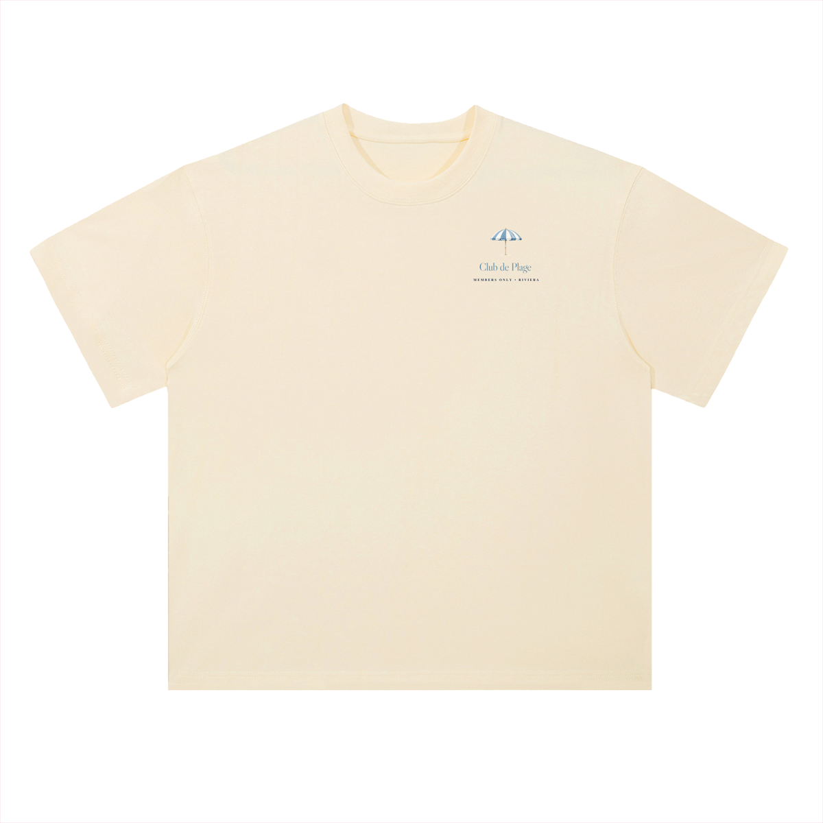 Club de Plage Beach Club T-Shirt in Milk Apricot, a French Riviera beach club tee for racing and car fans, front view: small Club de Plage text on the chest