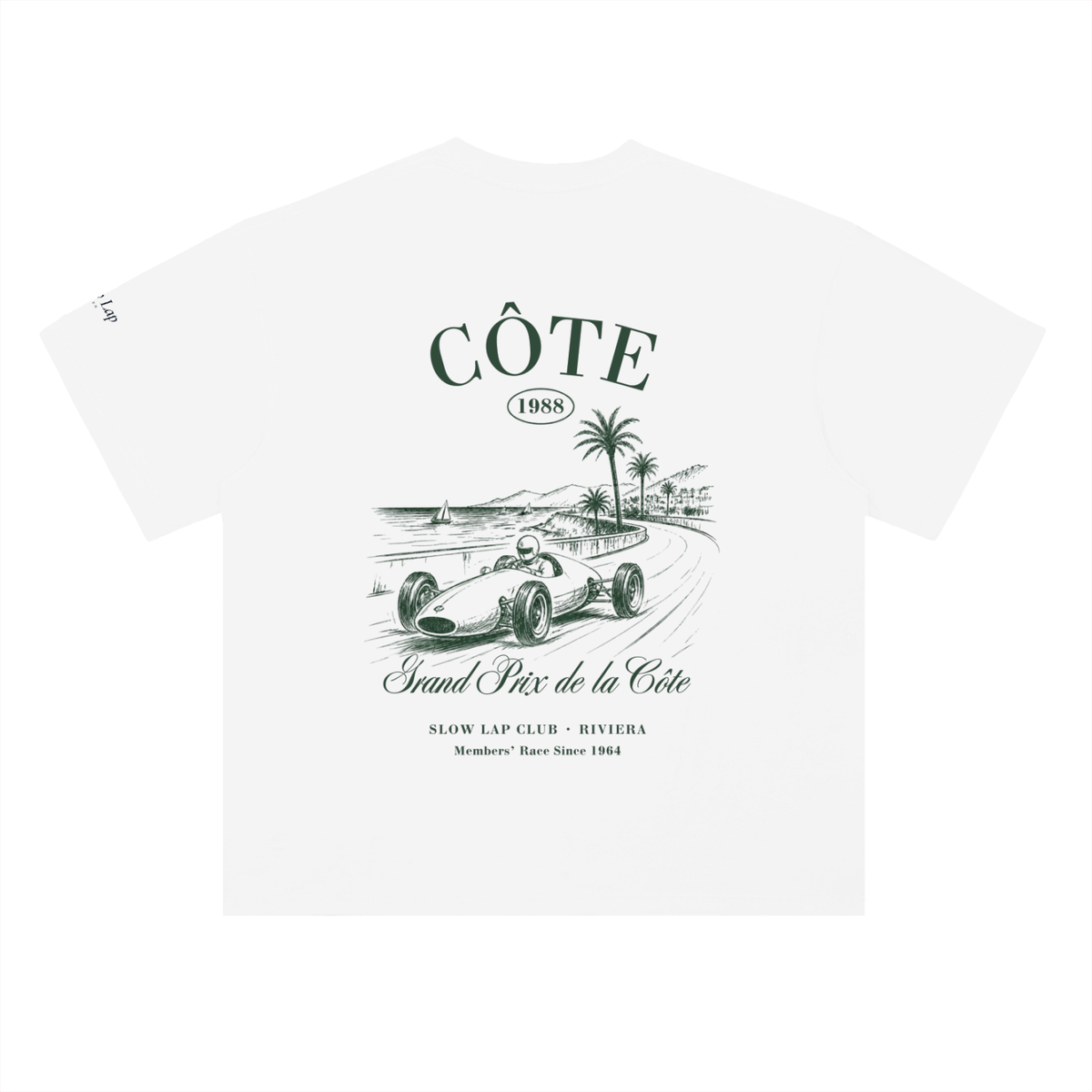 Grand Prix de la Côte Vintage Racing T-Shirt in Lucent White, a vintage F1-style racing t-shirt, back view: sketched vintage racer under Côte lettering