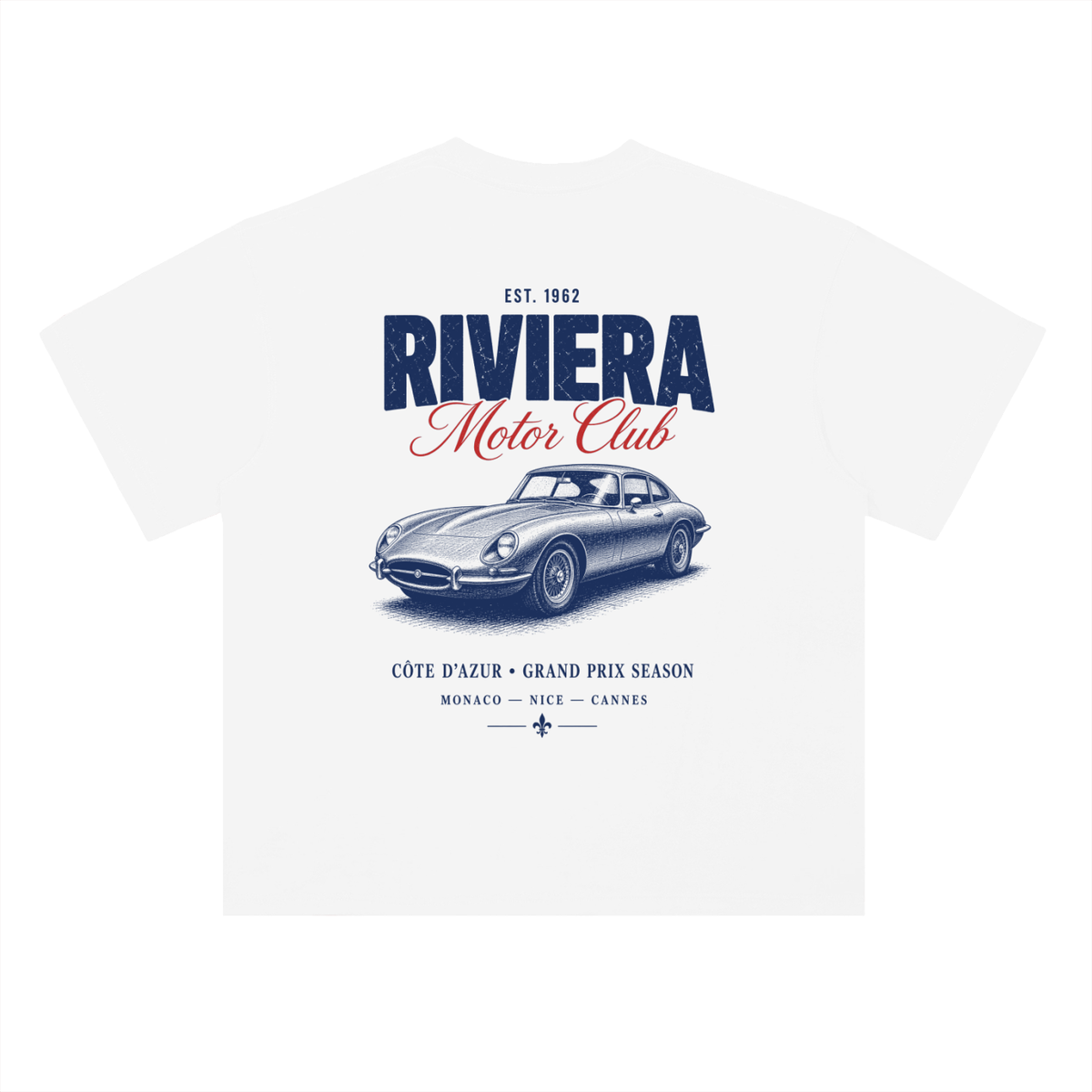 Riviera Motor Club Vintage Car Racing T-Shirt in Lucent White, a car guy t-shirt with a vintage GT, back view: silver GT under Riviera Motor Club lettering