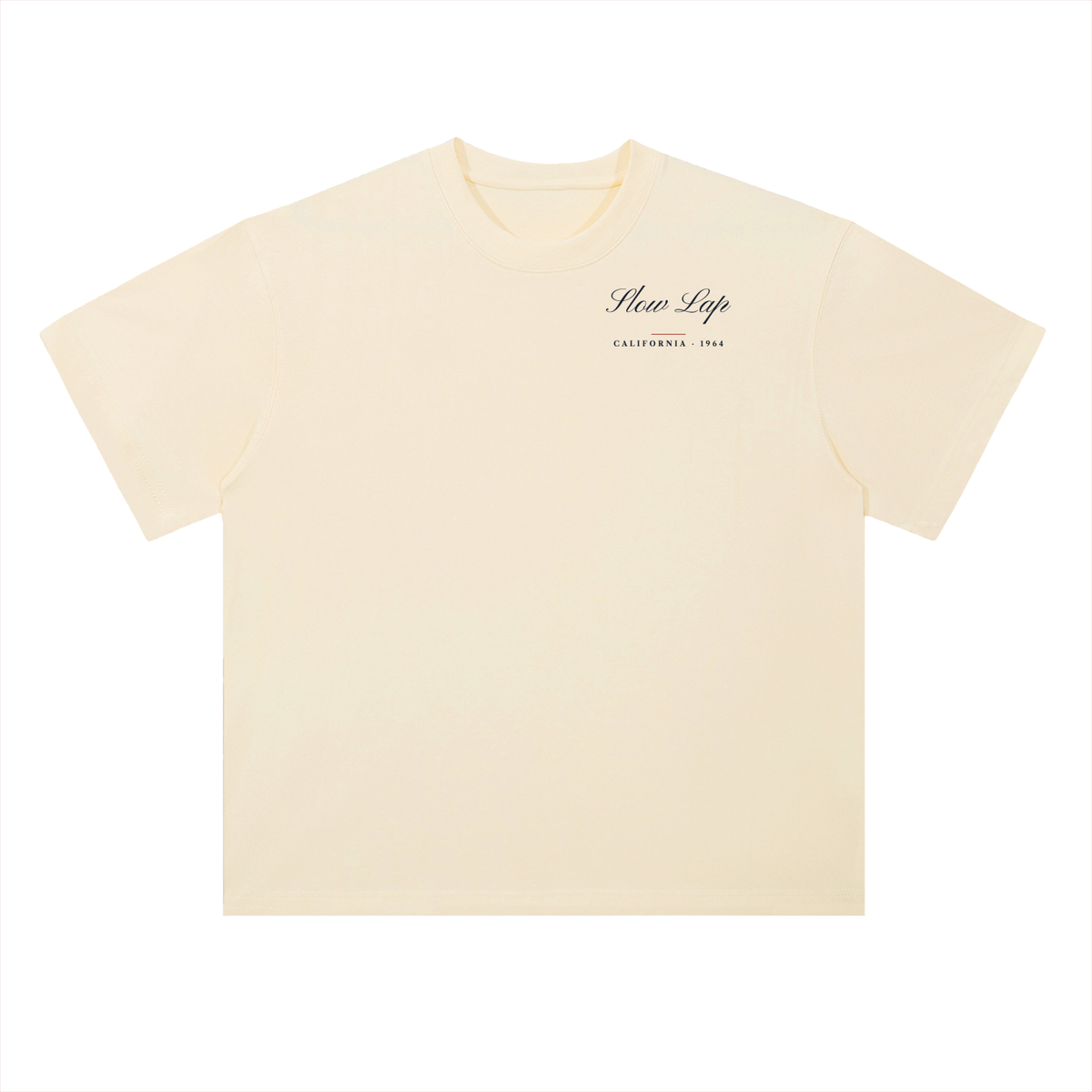 California Vintage Racing T-Shirt in Milk Apricot, a vintage California car tee for racing and F1 fans, front view: small Slow Lap California script on the chest