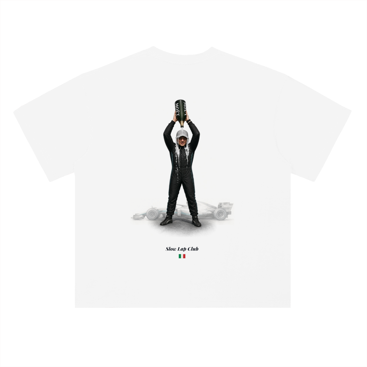 Sarà Perché Ti Amo Monza Racing T-Shirt in Lucent White, an Italian Grand Prix tee for F1 and racing fans, back view: driver in a champagne shower with a race car and Italian flag