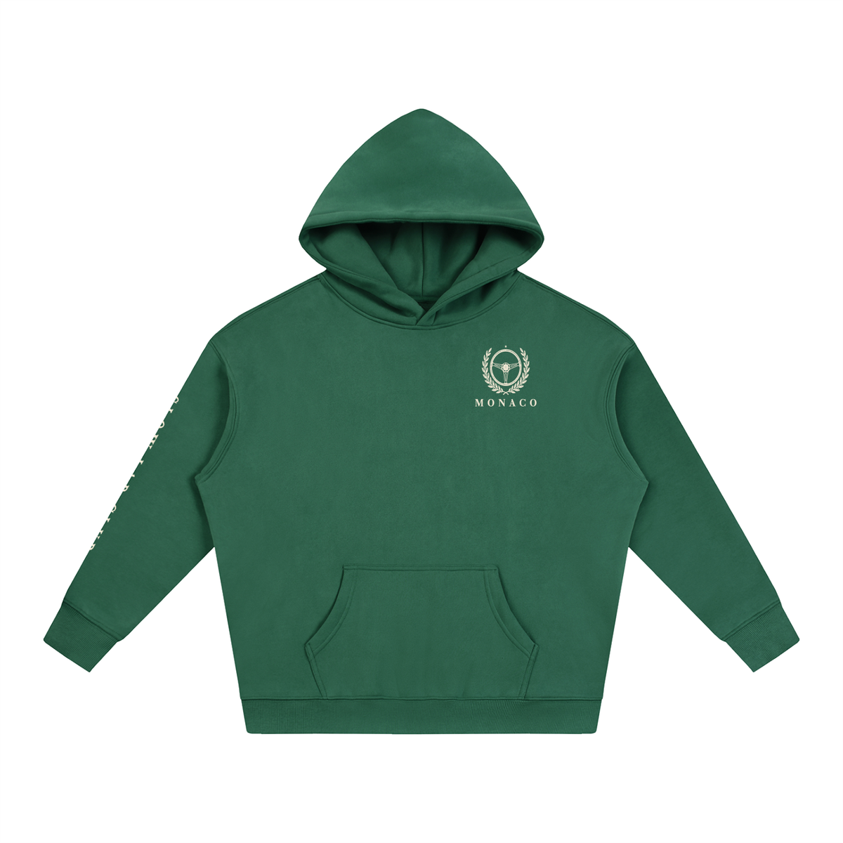 Monaco Motor Club Vintage Racing Hoodie in Eden Green, a Monaco motorsport hoodie, front view: small crest on the chest