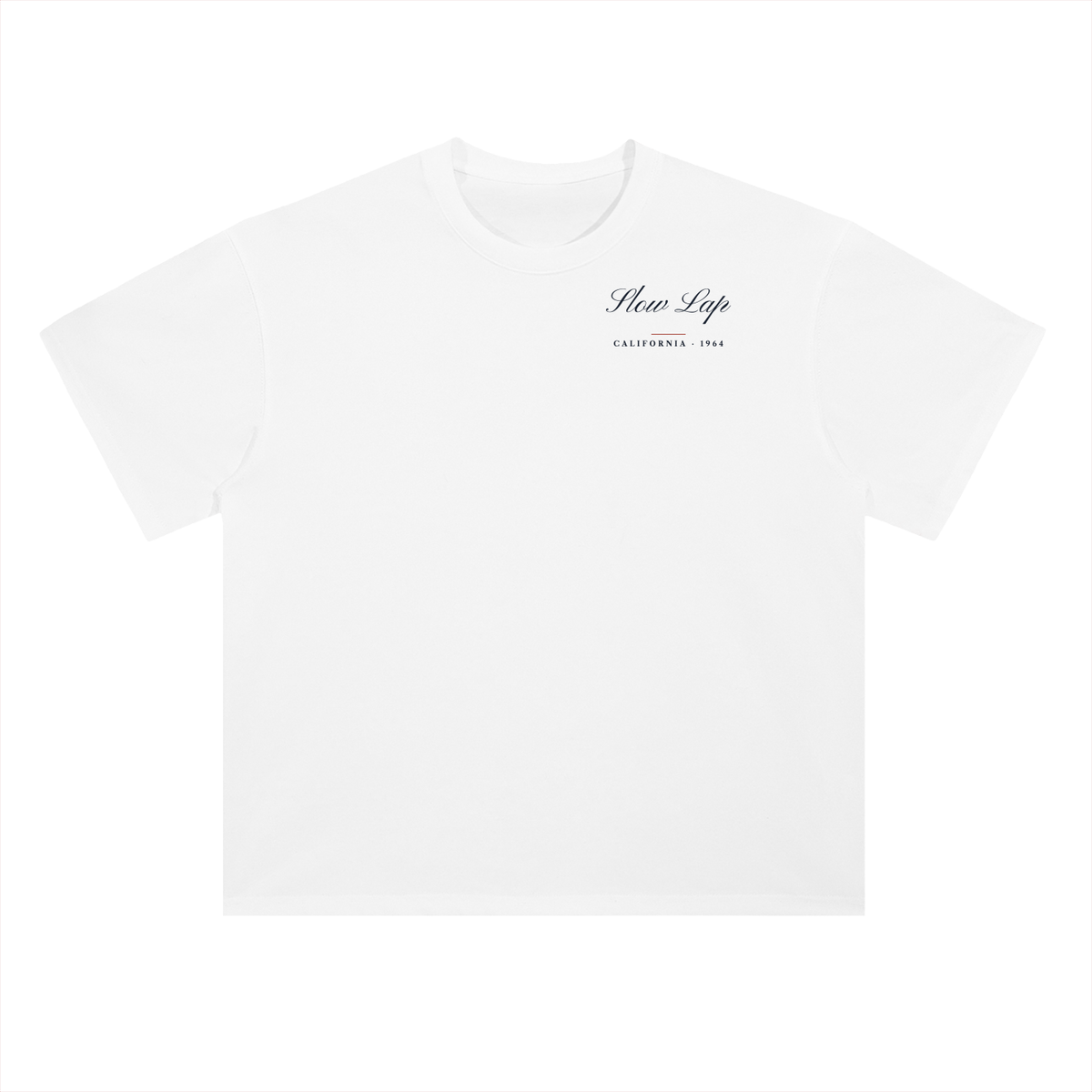 California Vintage Racing T-Shirt in Lucent White, a vintage California car tee for racing and F1 fans, front view: small Slow Lap California script on the chest