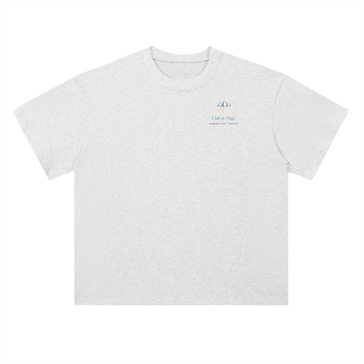 Club de Plage Beach Club T-Shirt in Light Gray, a French Riviera beach club tee for racing and car fans, front view: small Club de Plage text on the chest