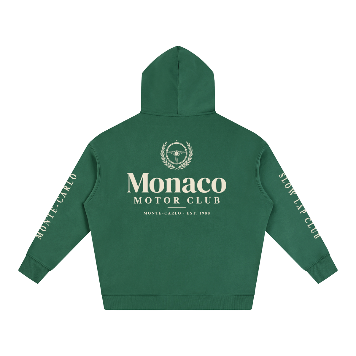 Monaco Motor Club Vintage Racing Hoodie in Eden Green, a Monaco motorsport hoodie, back view: Monaco Motor Club crest and sleeve lettering