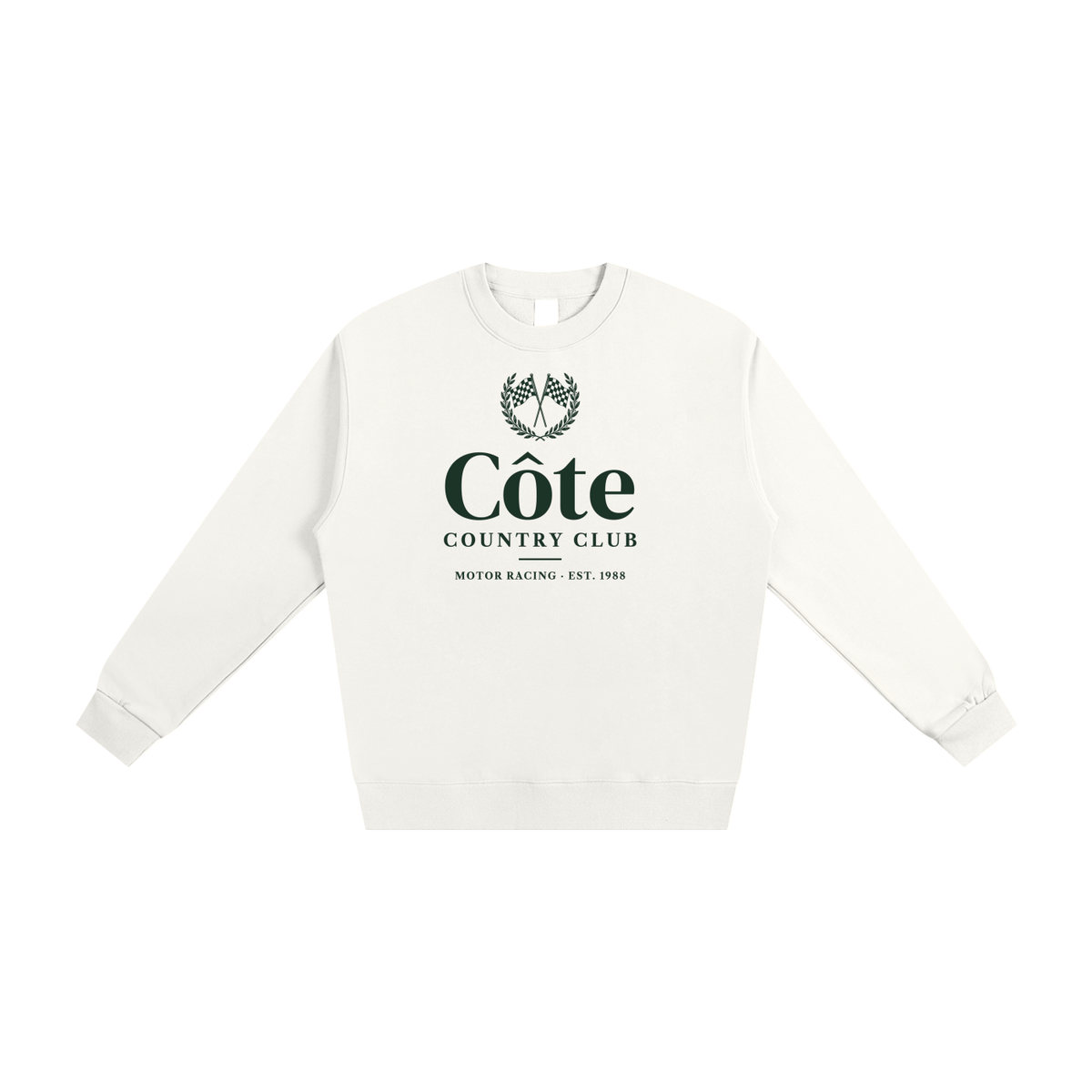 Côte Country Club Racing Sweatshirt in White, a heavyweight motorsport crewneck, front view: green laurel crest and Côte Country Club lettering