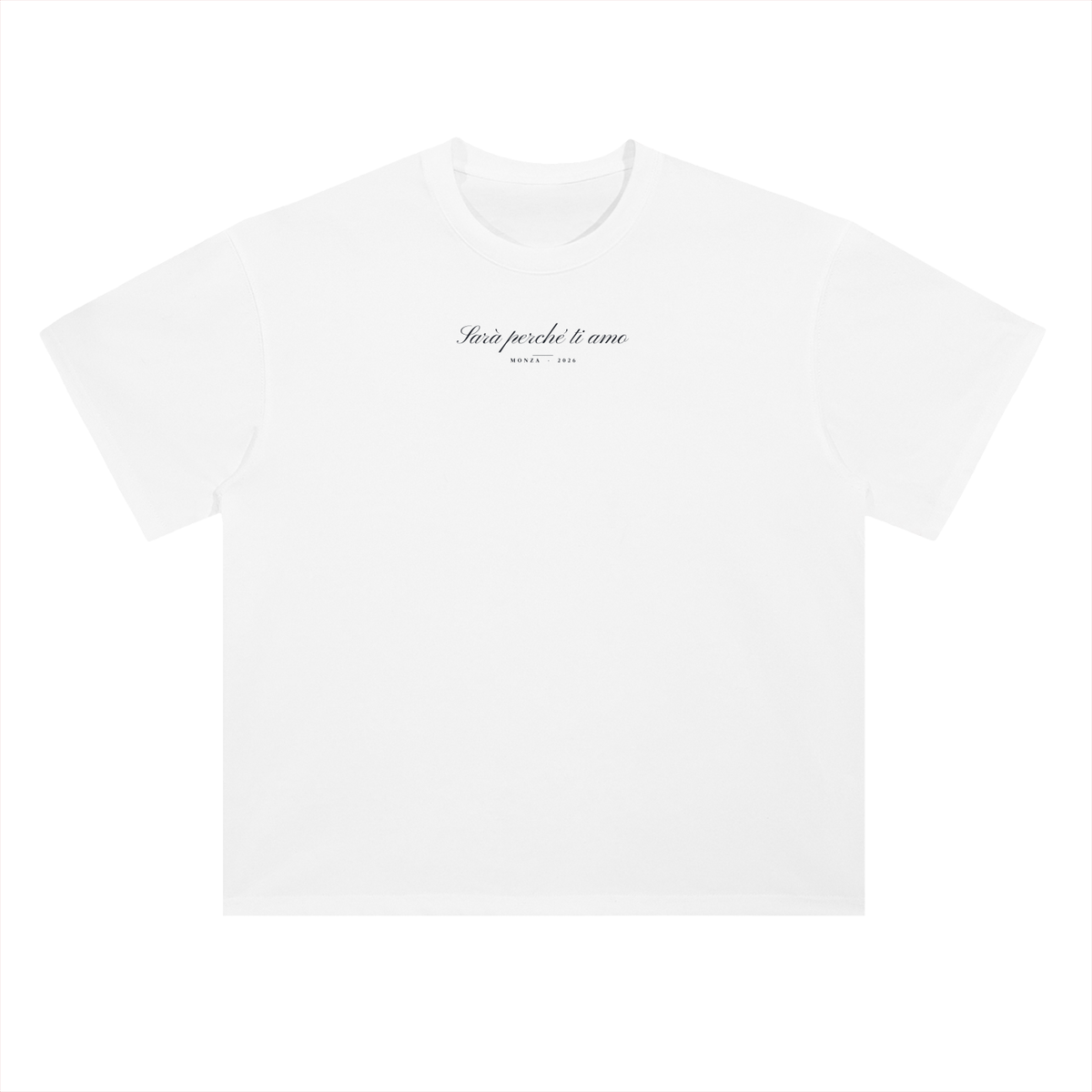 Sarà Perché Ti Amo Monza Racing T-Shirt in Lucent White, an Italian Grand Prix tee for F1 and racing fans, front view: Sarà perché ti amo script and Monza across the chest