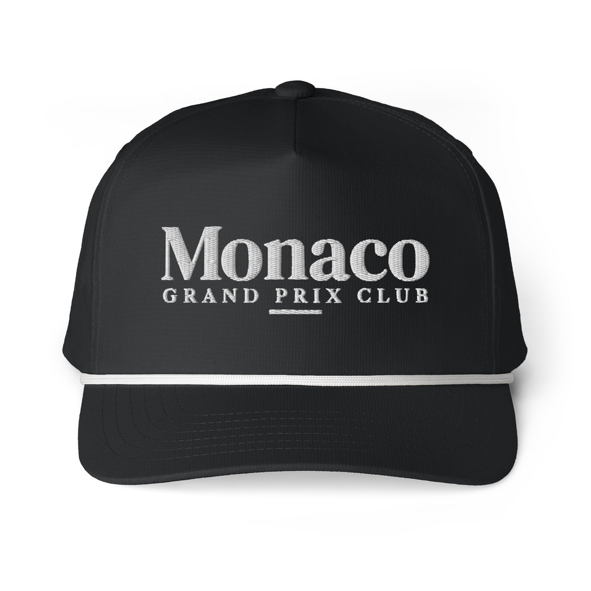 Monaco Grand Prix Club Racing Hat in Black, a black Monaco rope hat, front view: Monaco Grand Prix Club in off-white embroidered across the front