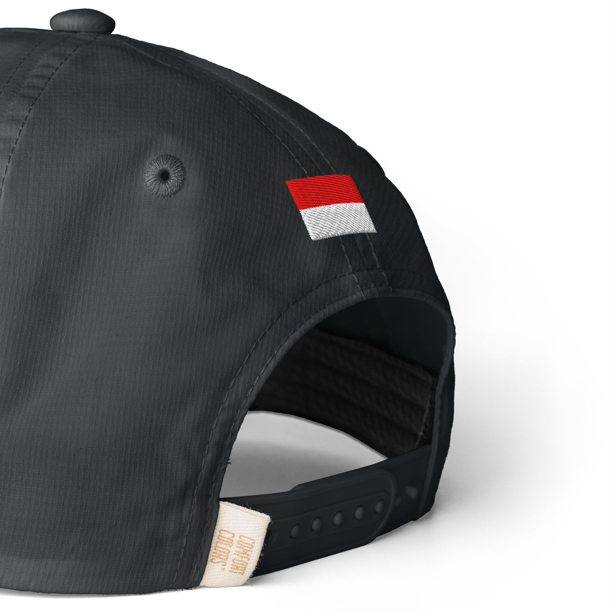 Monaco Grand Prix Club Racing Hat in Black, a black Monaco rope hat, back close-up view: embroidered flag and snapback