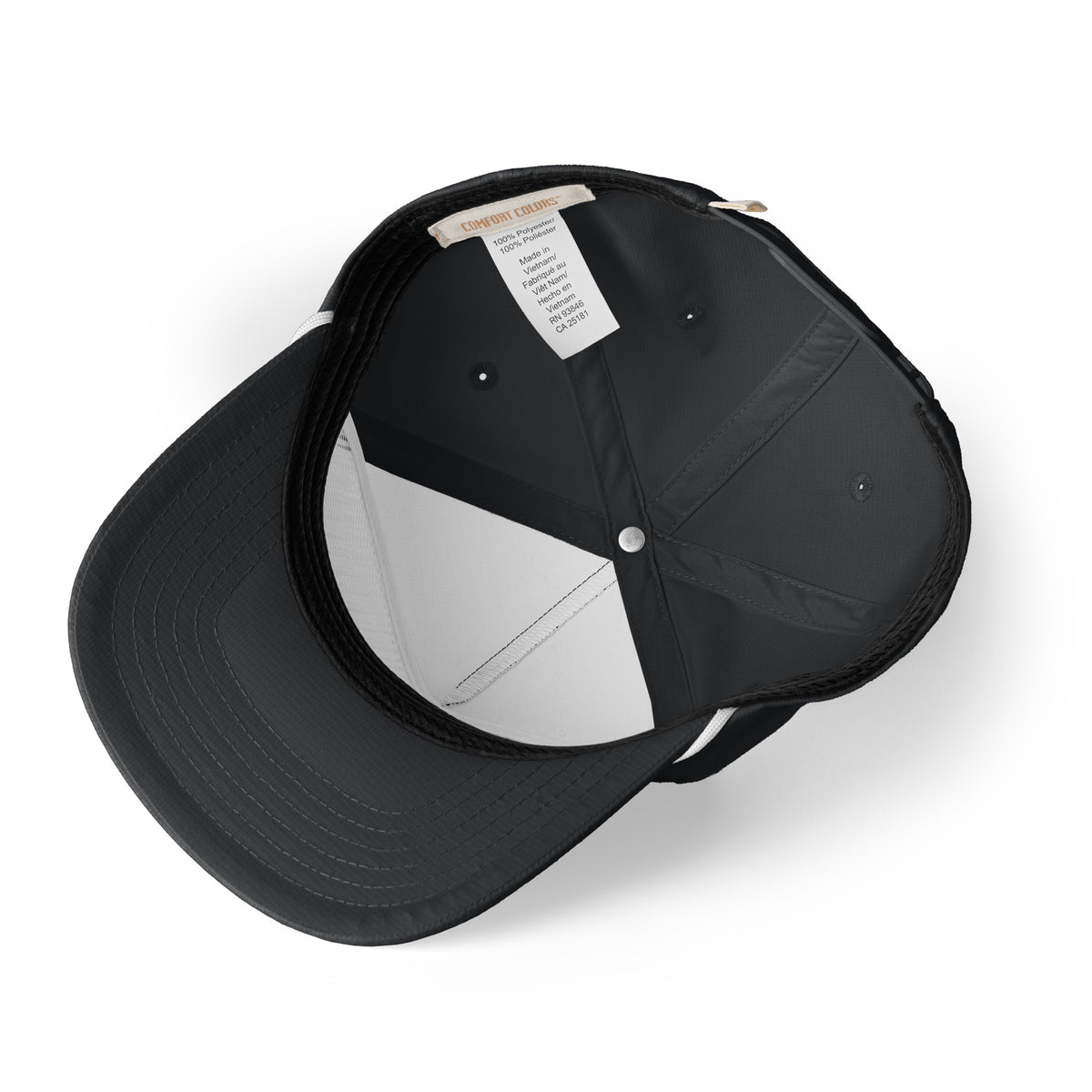 Monaco Grand Prix Club Racing Hat in Black, a black Monaco rope hat, underside view: inside sweatband and label