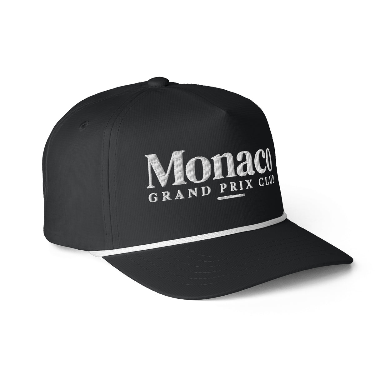 Monaco Grand Prix Club Racing Hat in Black, a black Monaco rope hat, three-quarter side view: Monaco Grand Prix Club in off-white embroidery and rope trim