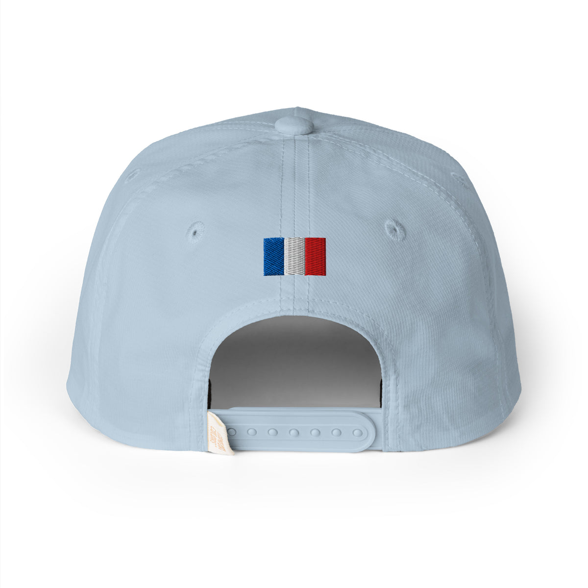 Côte Country Club Rope Hat in Light Blue, a vintage racing-style country club rope hat, back view: small flag on the back above the snapback