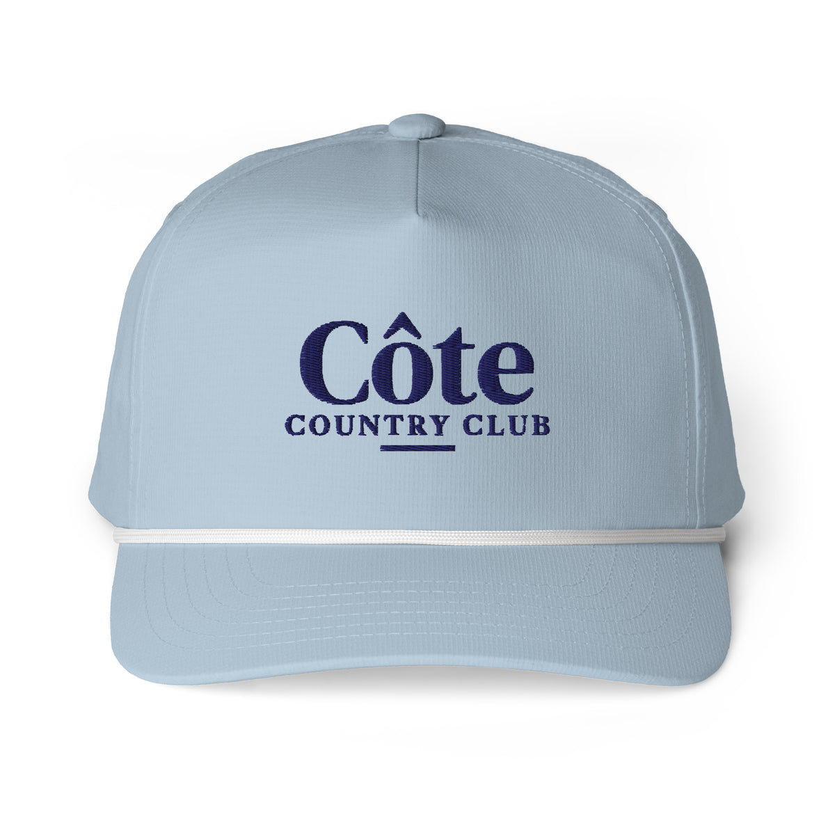 Côte Country Club Rope Hat in Light Blue, a vintage racing-style country club rope hat, front view: Côte Country Club in navy embroidered across the front