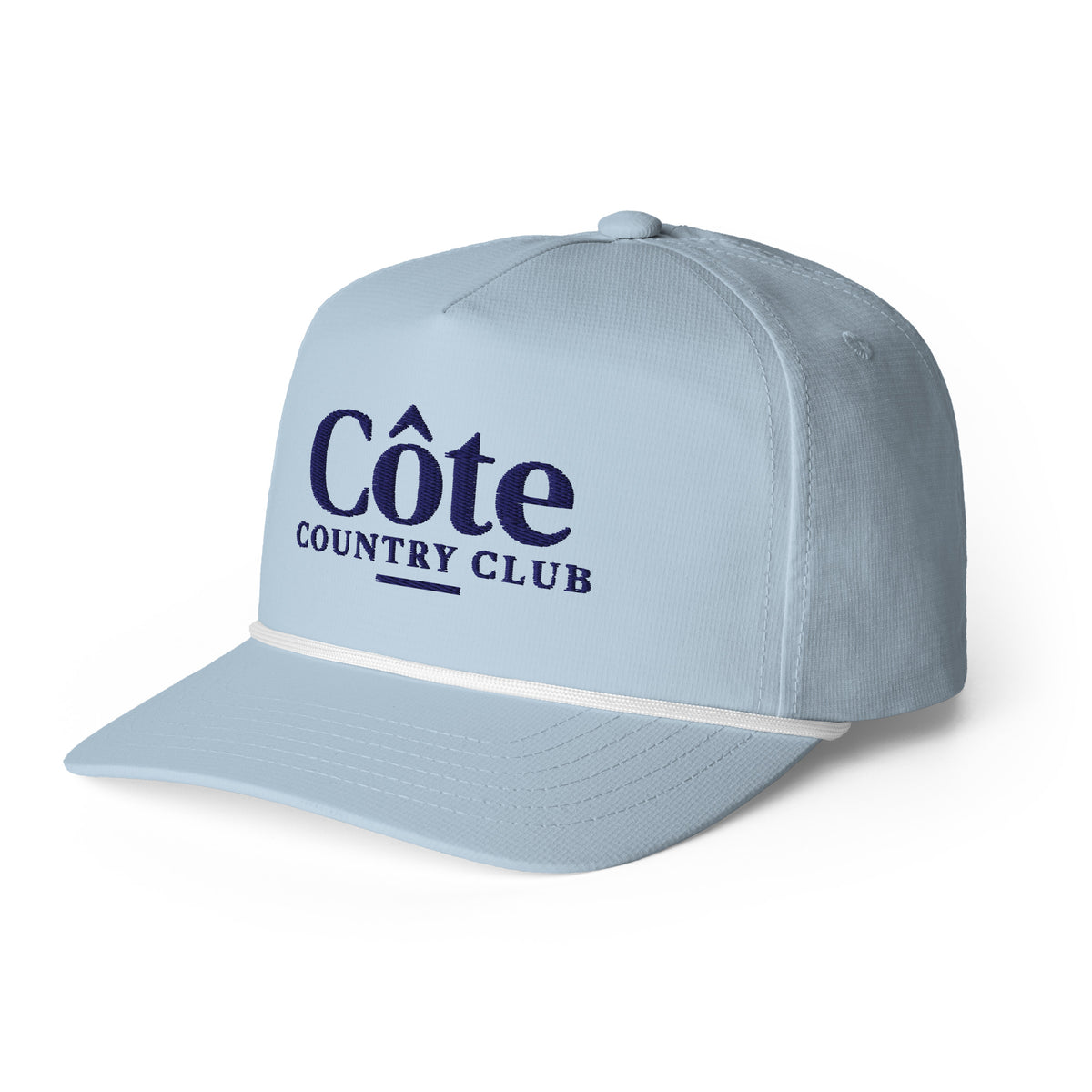 Côte Country Club Rope Hat in Light Blue, a vintage racing-style country club rope hat, three-quarter front view: Côte Country Club in navy embroidery and rope trim