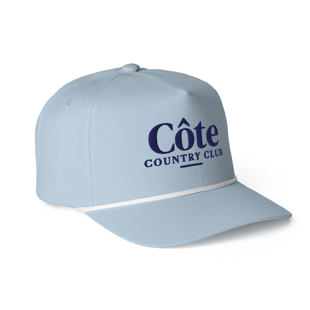 Côte Country Club Rope Hat in Light Blue, a vintage racing-style country club rope hat, three-quarter side view: Côte Country Club in navy embroidery and rope trim