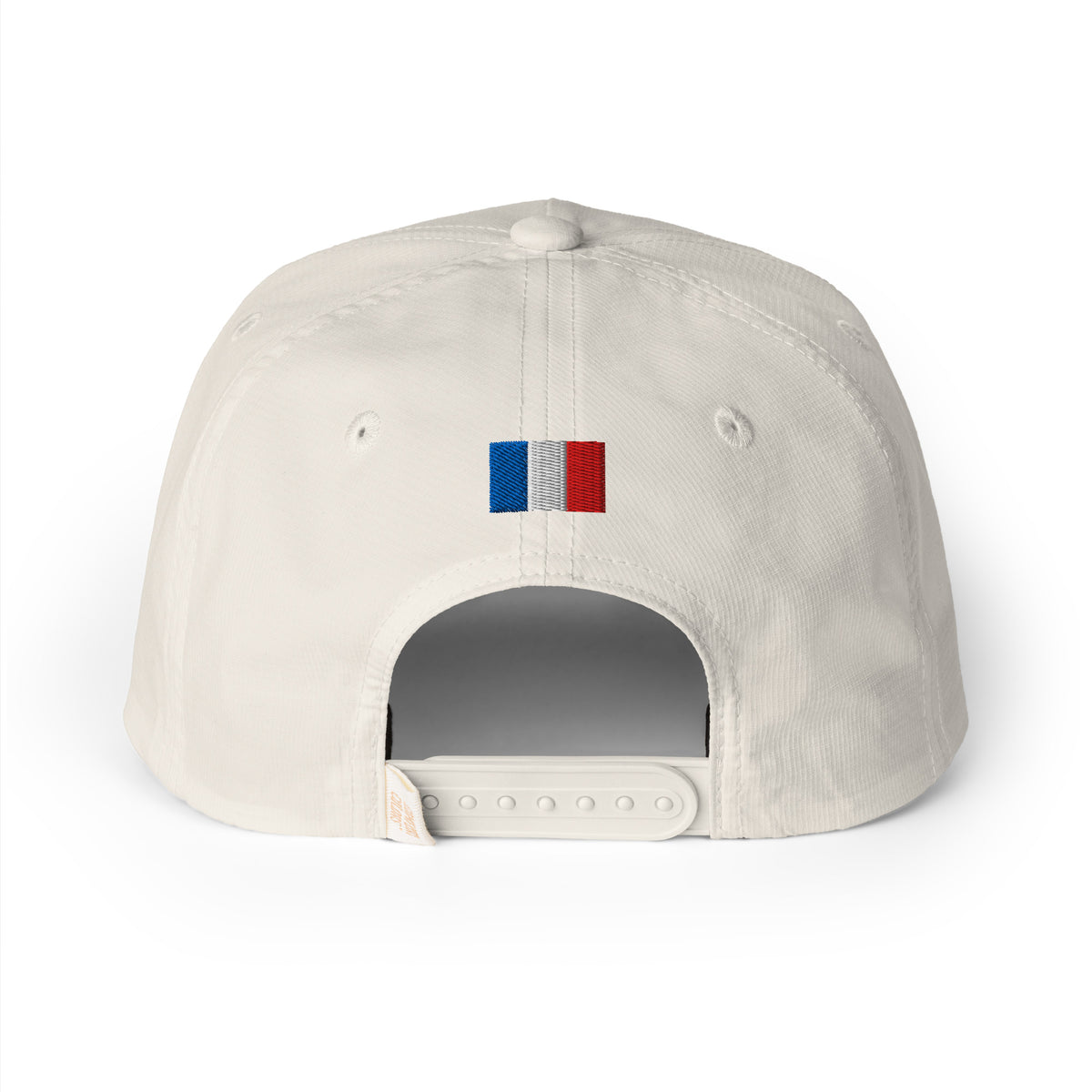 Riviera Motor Club Vintage Racing Hat in Ivory, a rope hat for racing fans, back view: small flag on the back above the snapback