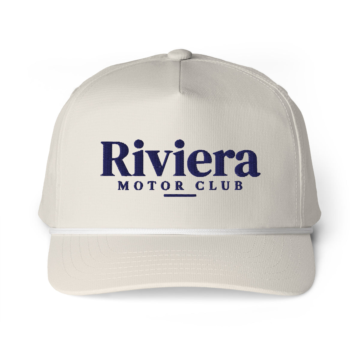 Riviera Motor Club Vintage Racing Hat in Ivory, a rope hat for racing fans, front view: Riviera Motor Club in navy embroidered across the front