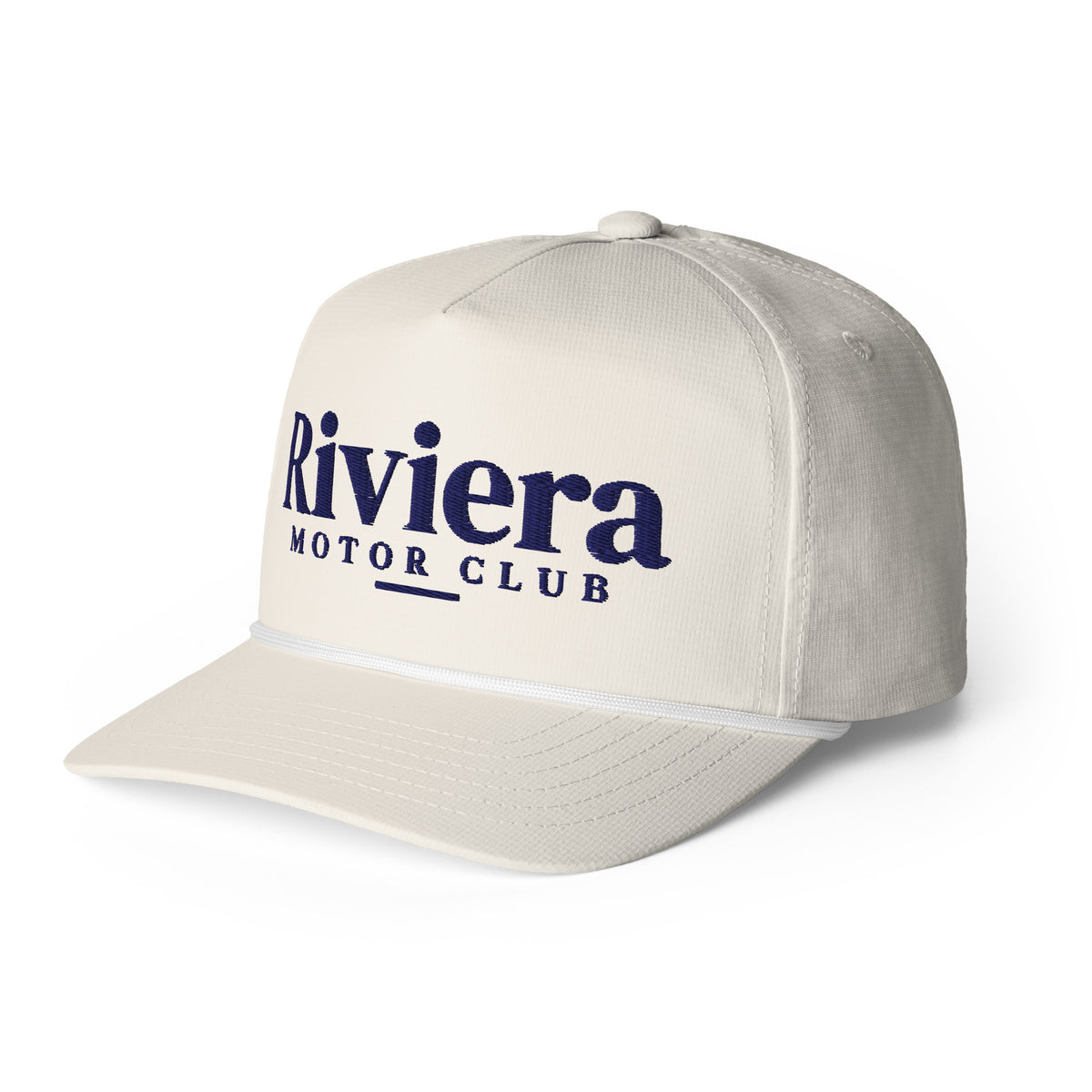 Riviera Motor Club Vintage Racing Hat in Ivory, a rope hat for racing fans, three-quarter front view: Riviera Motor Club in navy embroidery and rope trim