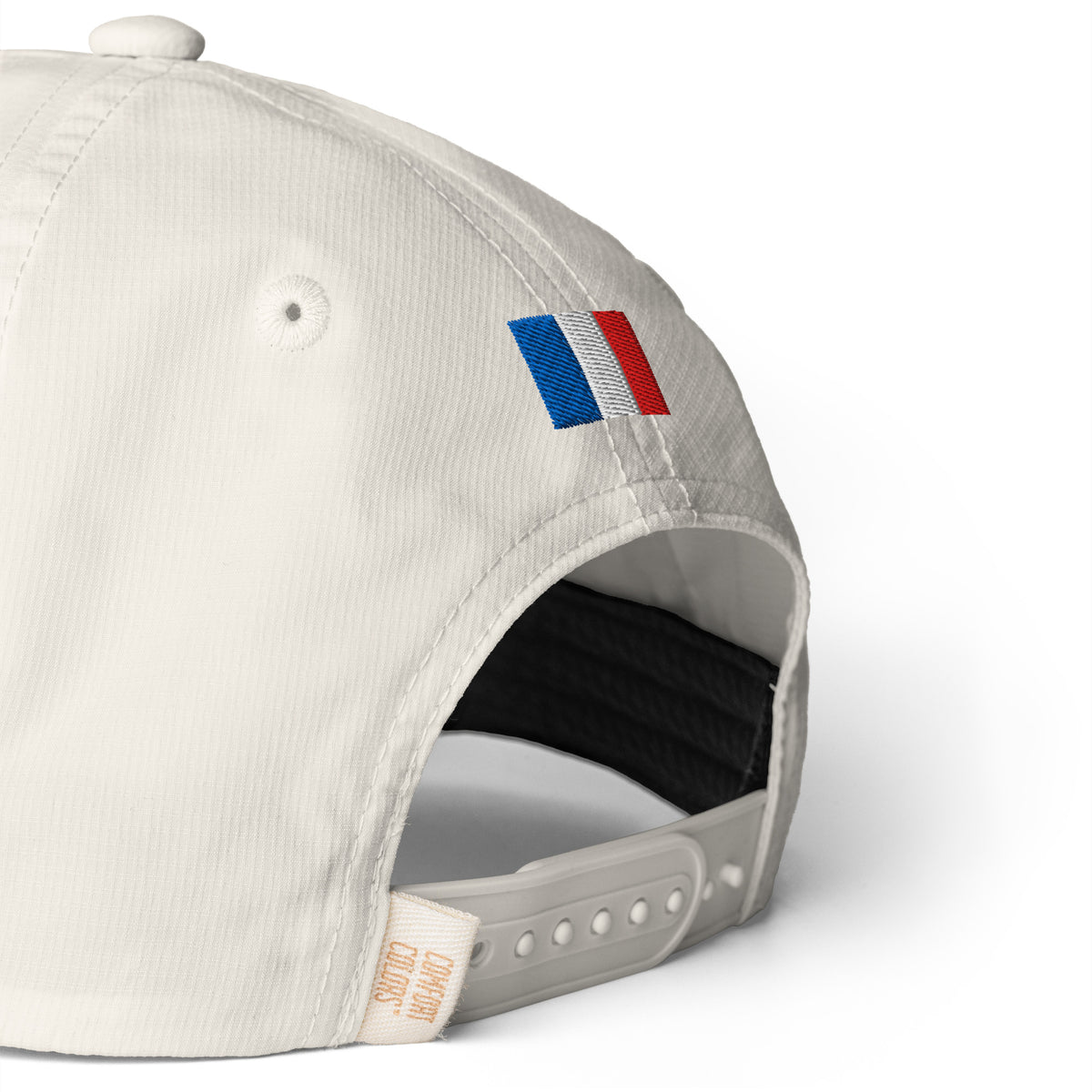 Riviera Motor Club Vintage Racing Hat in Ivory, a rope hat for racing fans, back close-up view: embroidered flag and snapback