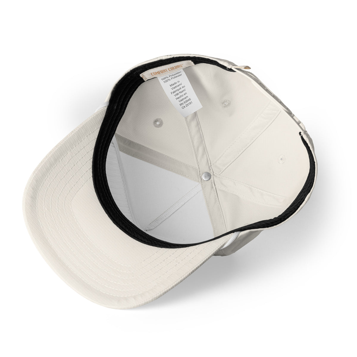 Riviera Motor Club Vintage Racing Hat in Ivory, a rope hat for racing fans, underside view: inside sweatband and label