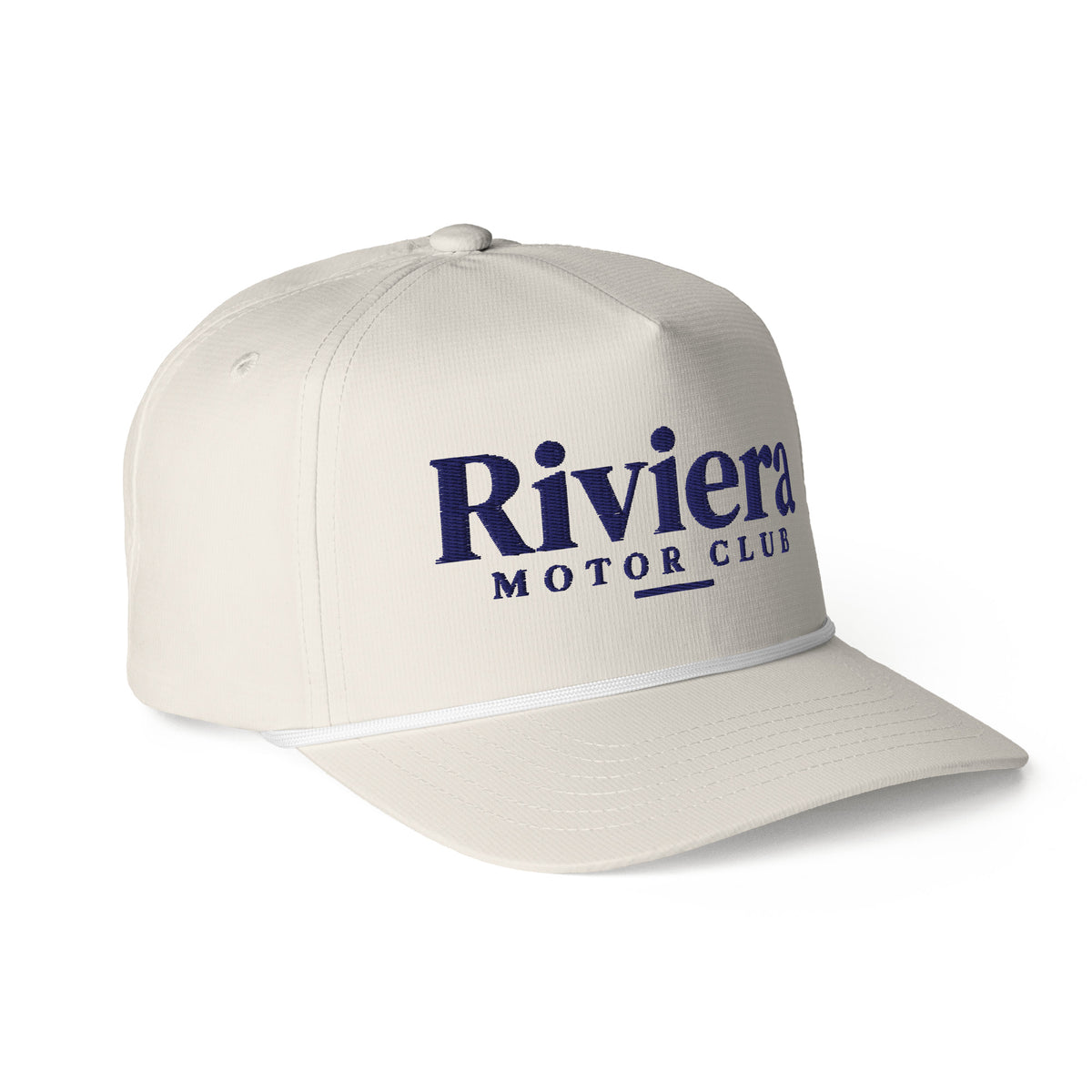 Riviera Motor Club Vintage Racing Hat in Ivory, a rope hat for racing fans, three-quarter side view: Riviera Motor Club in navy embroidery and rope trim